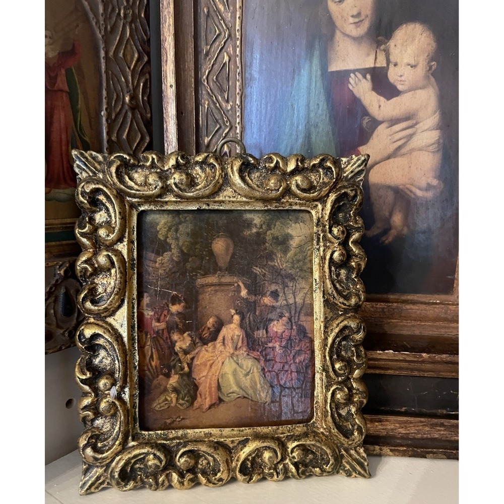Vtg Italian Florentine Ornate Gold Gilt Gathering in Park Framed Italy Wall Art